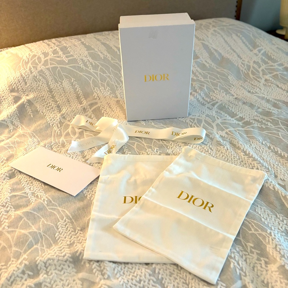 White Dior Shoe Box with Two Shoe Dust Bags and Dior Ribbon